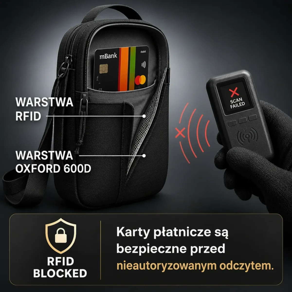 Detale zabezpieczeń RFID torby antykradzieżowej Gunamo